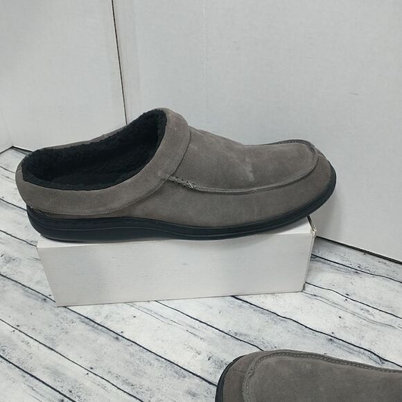 LB EVANS EDMONTON GRAY MEN'S SZ 12 LEATHER SLIPPERS 7530 FAUX FUR. - Picture 5 of 9